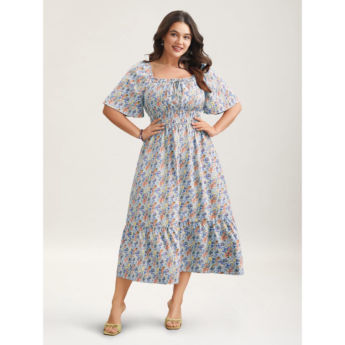 Plus Size Smocked Waist Floral Ties Tiered Maxi Dress LightBlue Women Timeless Tie knot Square Neck Short sleeve Curvy BloomChic 28/5X Product Image
