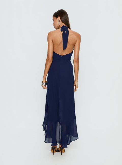 Agata Halter Frill Maxi Dress Navy Product Image