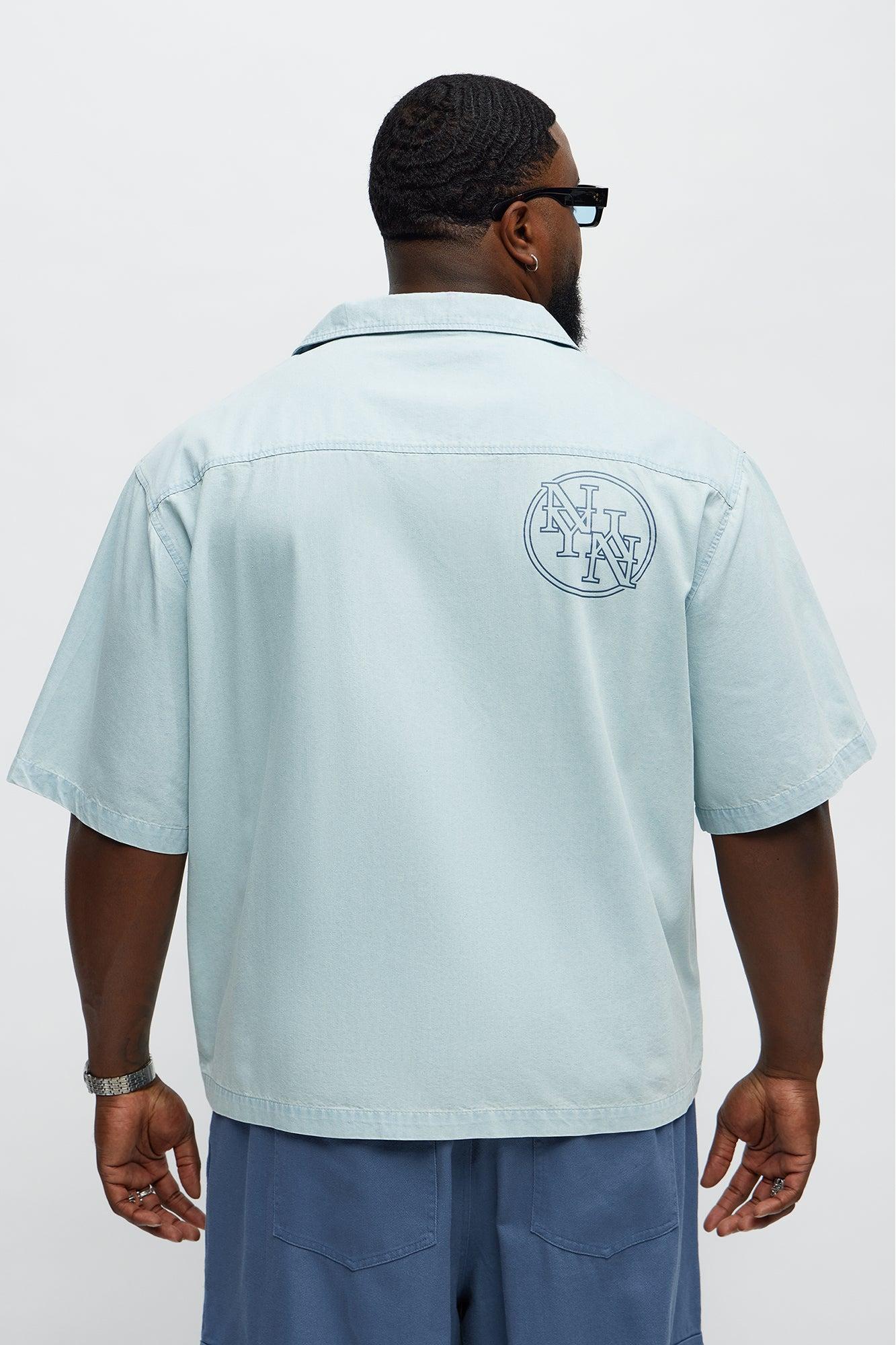 Denim Cuban Collar Button Up Shirt - Light Blue Wash Male Product Image