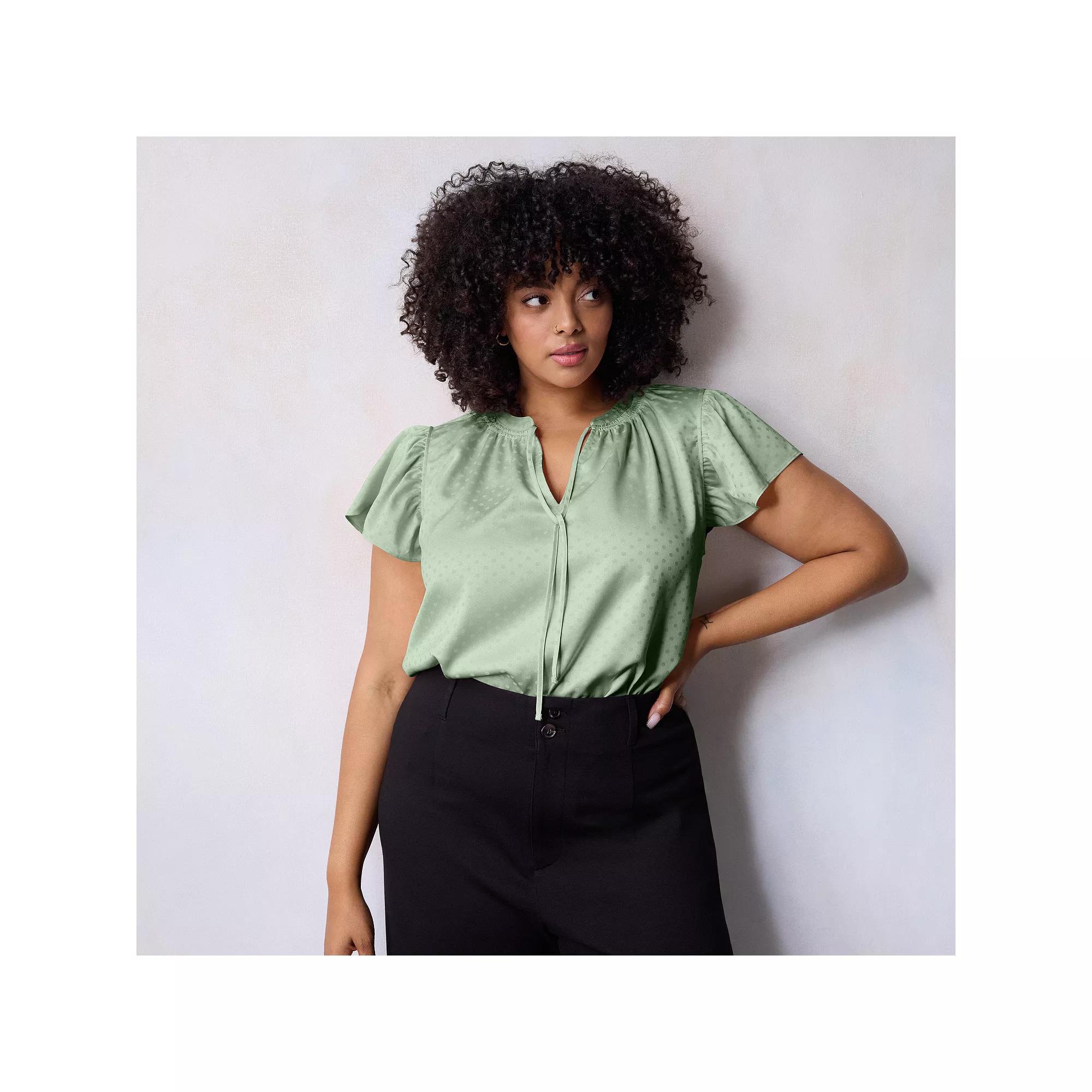 Plus Size LC Lauren Conrad Tie Front Ruffled V-Neck Shell, Women's, Size: 0X, Valor Green Product Image