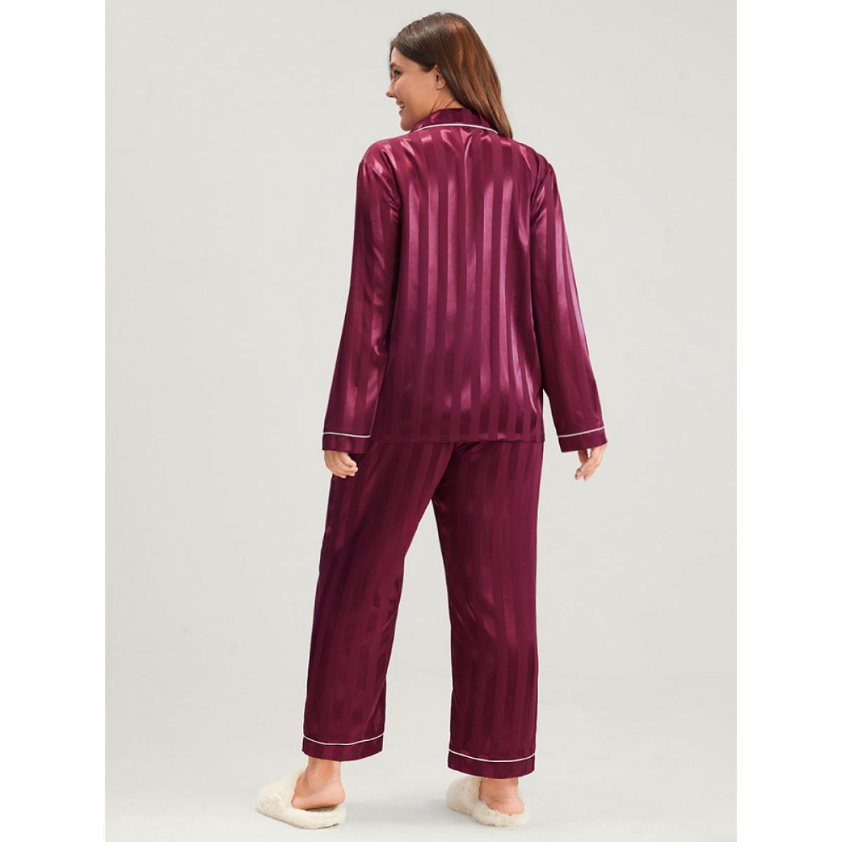 Plus Size Solid Striped Button Satin Pajama Set Women Burgundy Plain Patchwork Long Sleeve Shirt collar Casual Loungewear Sets BloomChic 30/6X Product Image