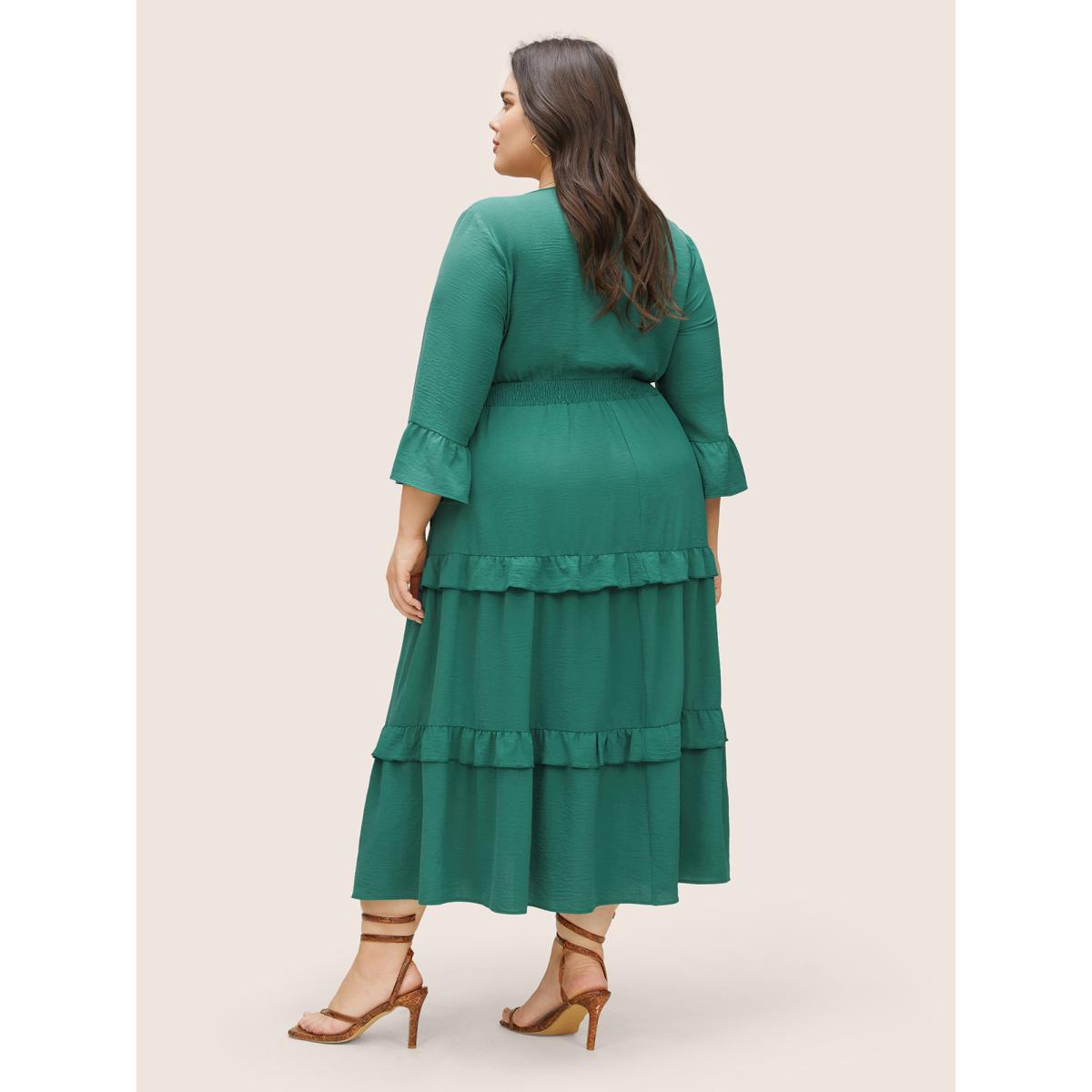 Plus Size Plain Shirred Flutter Layered Hem Dress Emerald Women Elegant Non V-neck Elbow-length sleeve Curvy Midi Dress BloomChic 28/5X Product Image
