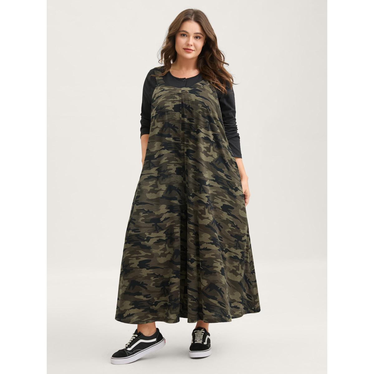 Plus Size ArmyGreen Camouflage Print Stretchy Wide Leg Jumpsuit Women Leisure Sleeveless Non Casual Loose Jumpsuits BloomChic 28/5X Product Image