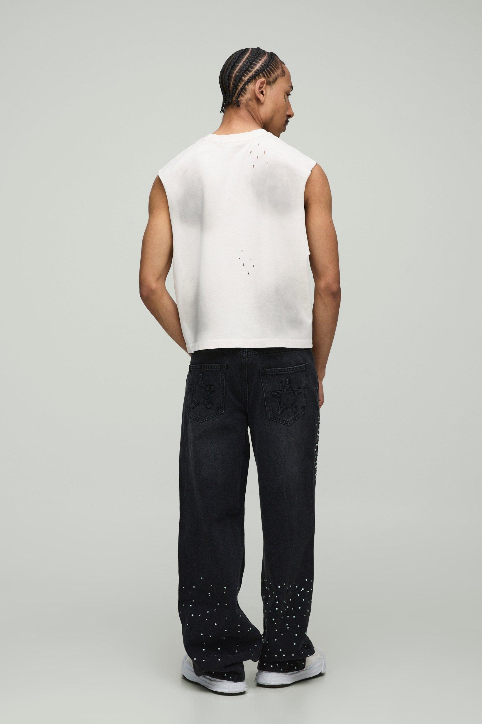 All Over Rhinestone Star Pocket Relaxed Fit Jeans | boohooMAN USA Product Image