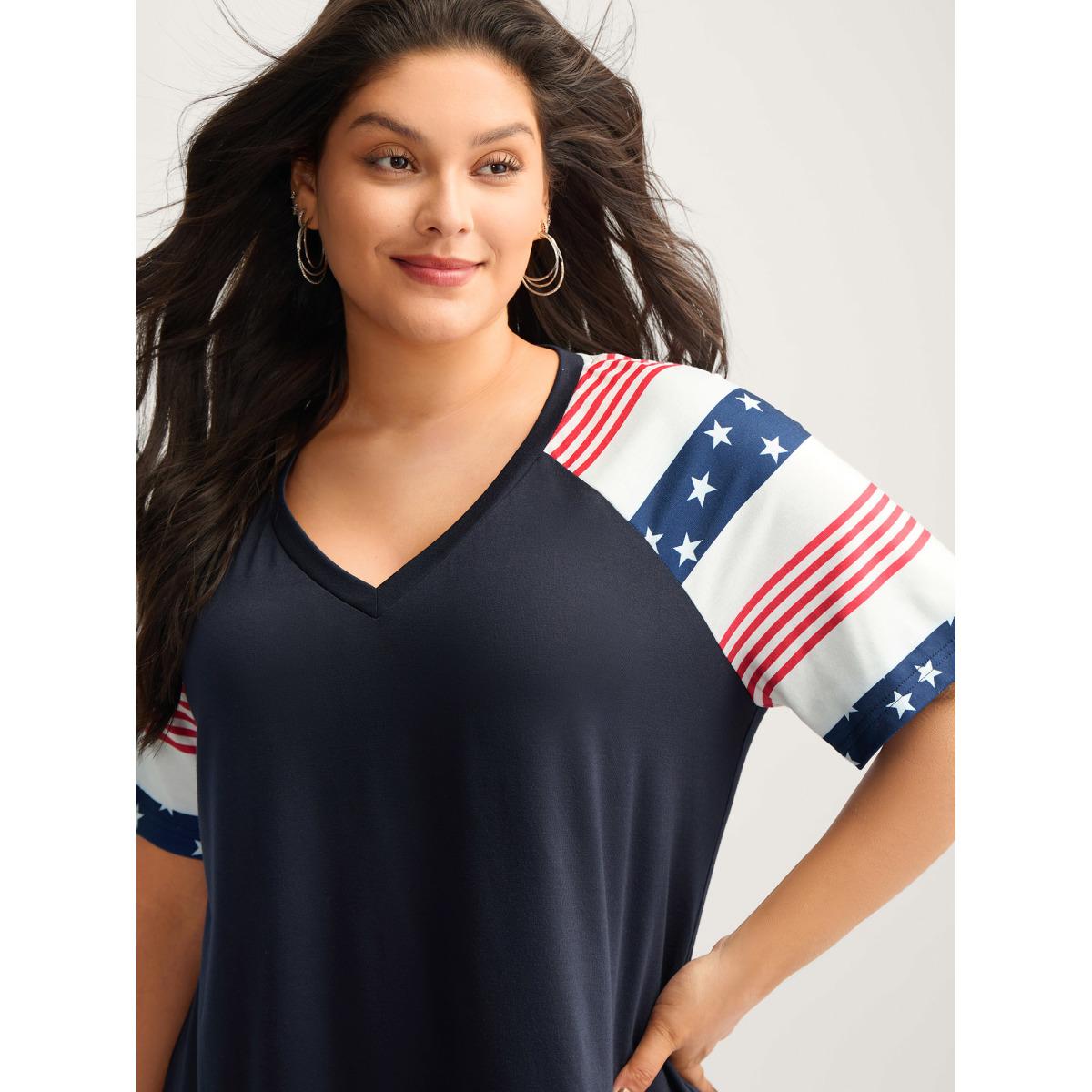 Plus Size Stars and Stripes Raglan T-Shirt Navy Women Leisure Round Neck Casual T-shirts BloomChic 18-20/2X Product Image