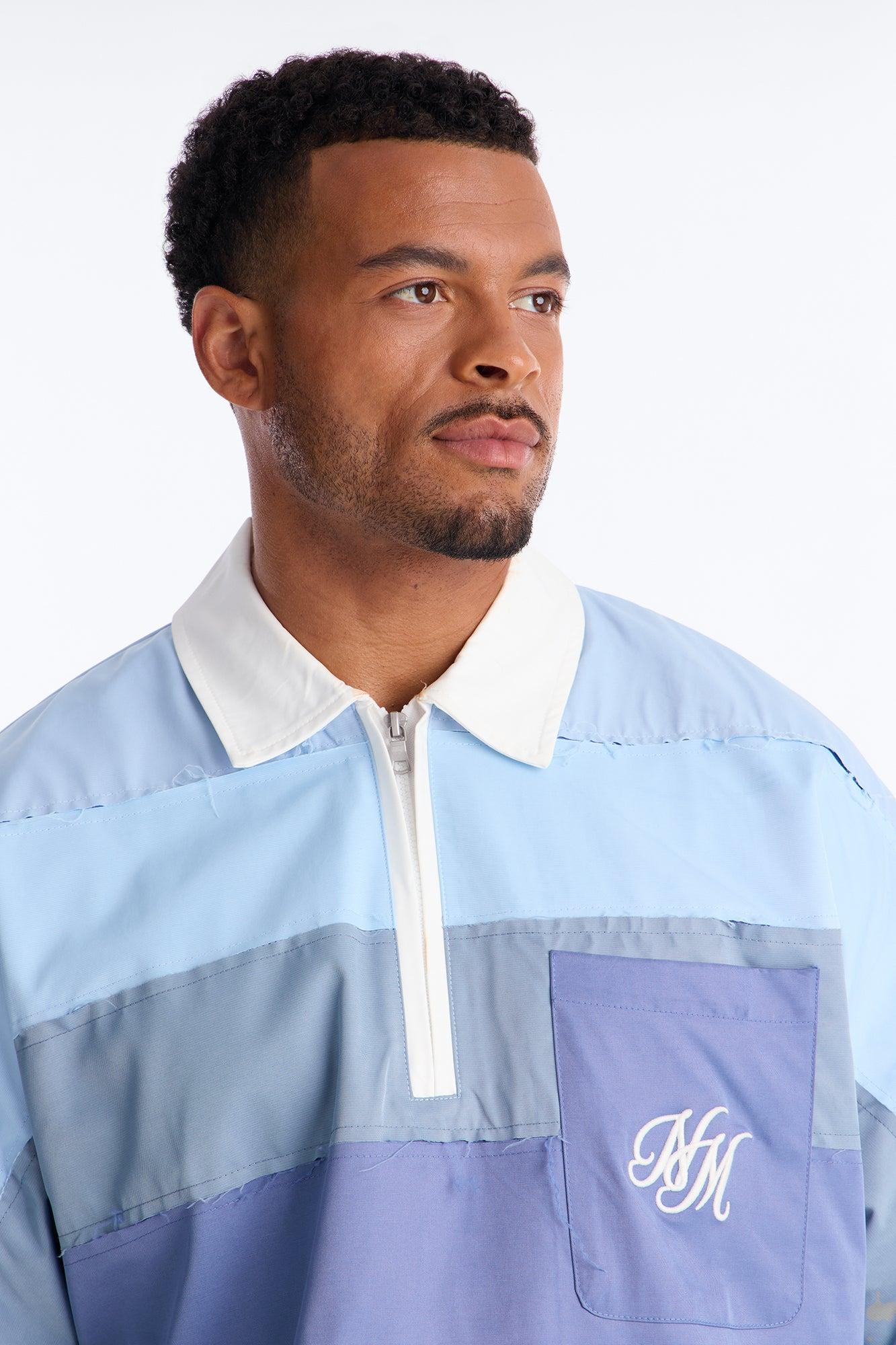 Oversized Frayed Zip Collar Polo - Blue Male Product Image