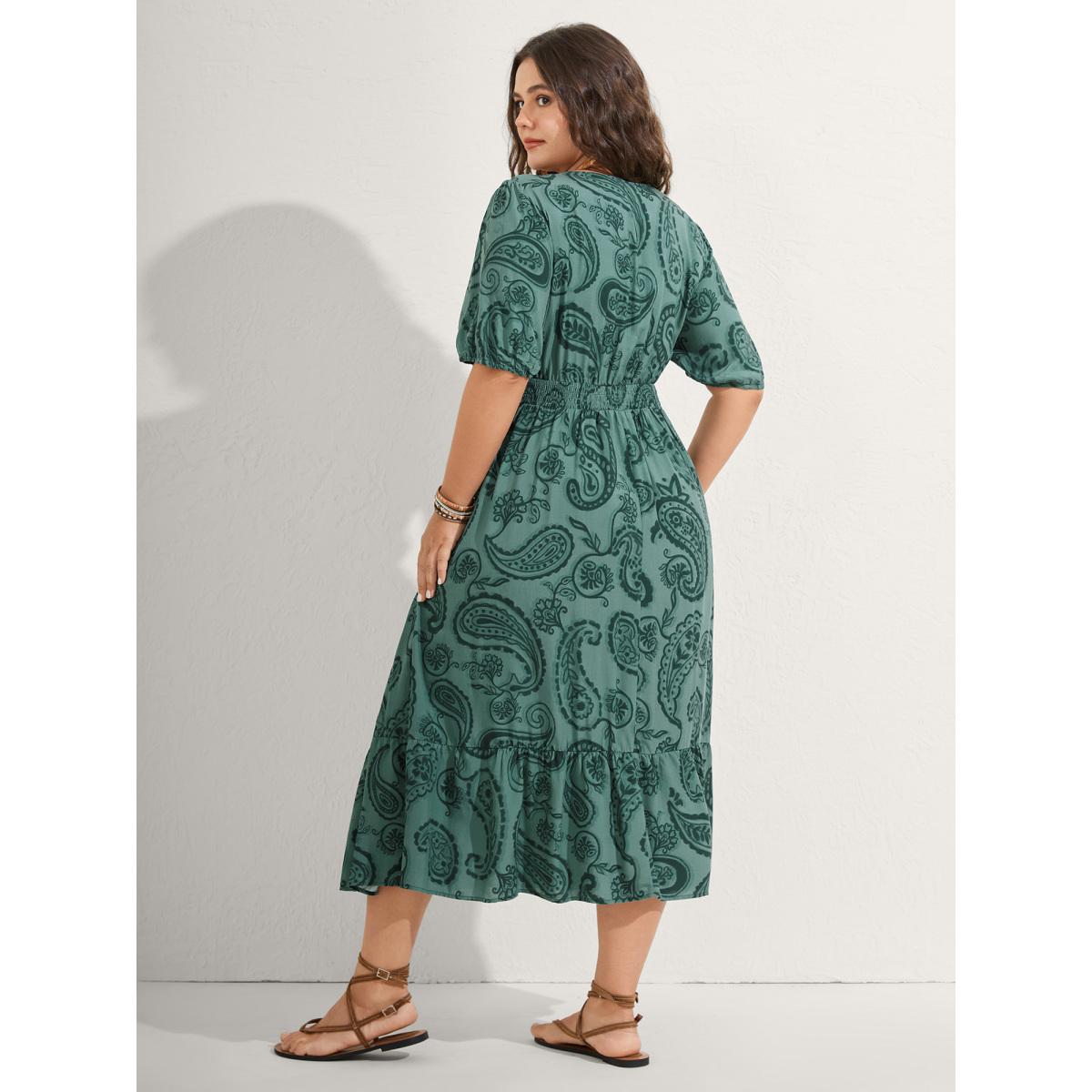 Plus Size Paisley Print Shirred Waist Midi Dress Teal Women Boho V-neck Short sleeve Curvy BloomChic 12/L Product Image