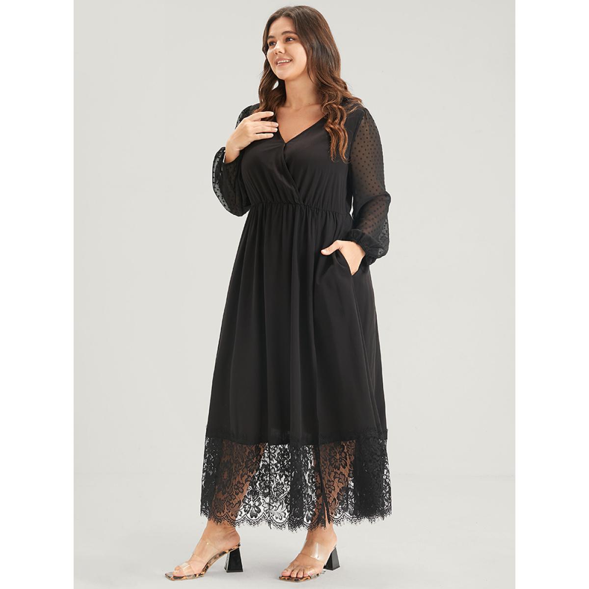 Plus Size Solid Split Eyelet Lace Belted Pocket Button Wrap Maxi Dress Black Women Elegant Lace V-neck Long Sleeve Curvy Long Dress BloomChic 10/M Product Image
