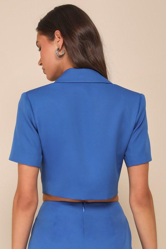Truly Sophisticated Royal Blue Short Sleeve Cropped Blazer Top Product Image