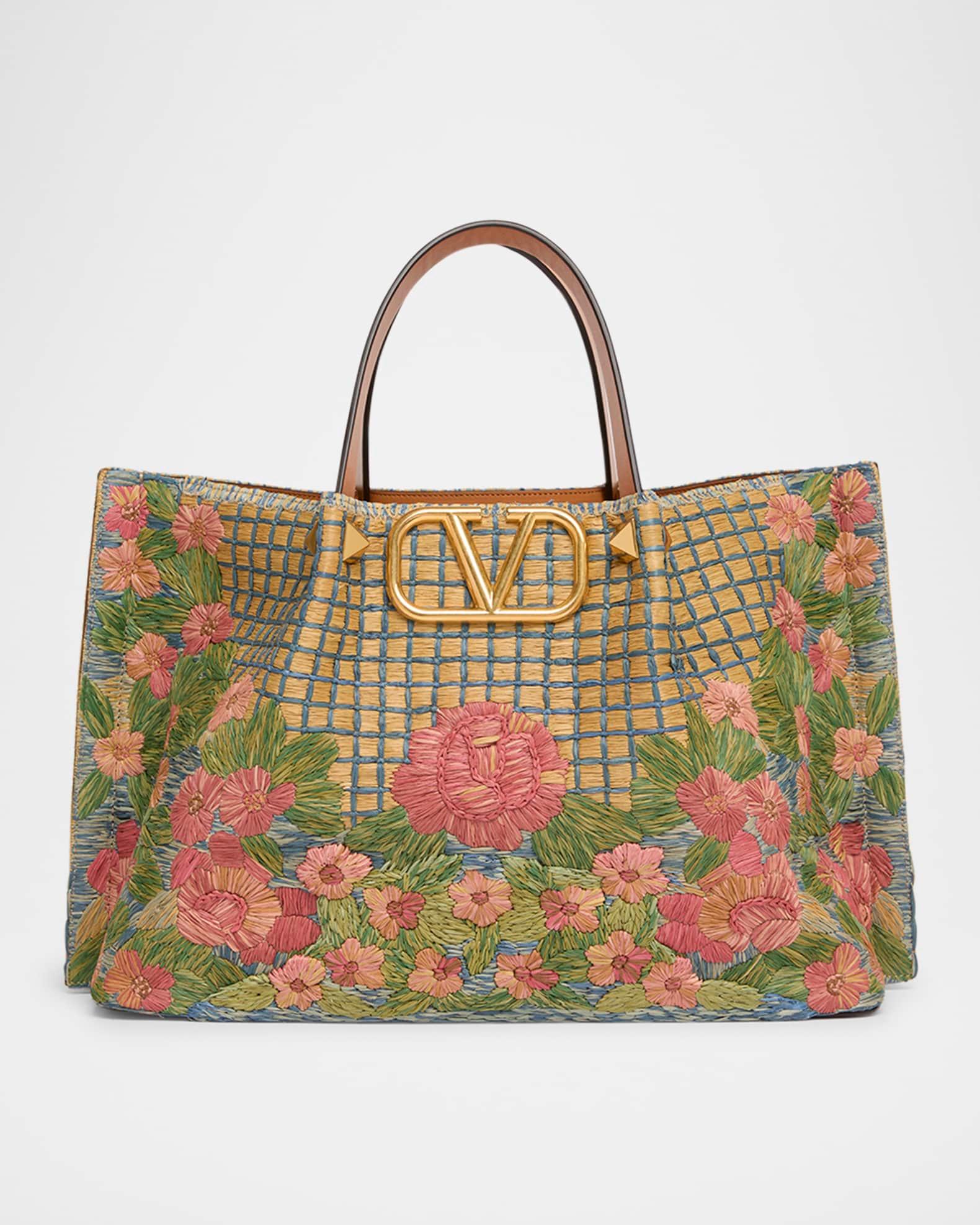 Floral-Embroidered Raffia Tote Bag Product Image