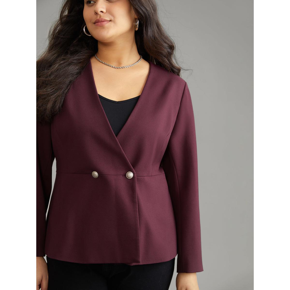 Plus Size Plain Deep V Neck Buckle Detail Blazer Burgundy Women Office Plain Sleeve Long Sleeve Deep V-neck 12/L Office Blazers BloomChic Product Image