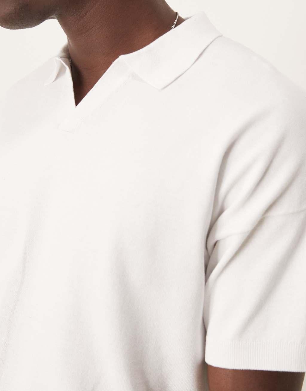 ASOS DESIGN relaxed boxy fit knit midweight cotton notch neck polo in white | ASOS Product Image