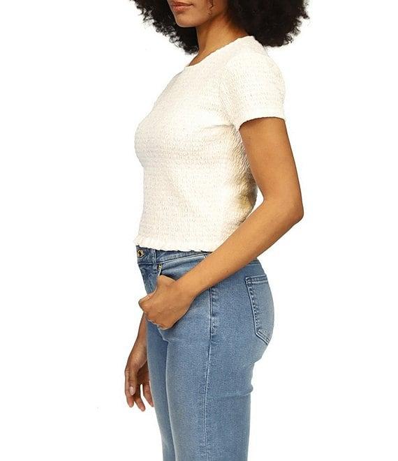 Michael Kors Smocked Crew Neckline Cap Sleeve Cropped Tee Shirt Product Image