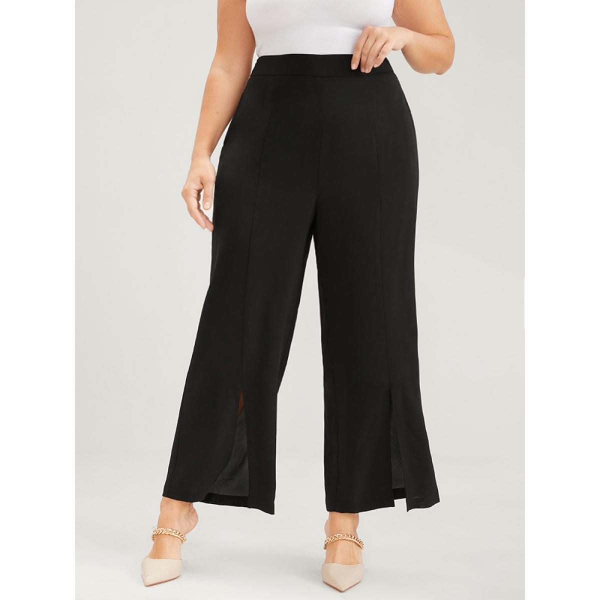 Plus Size Solid Pocket Elastic Waist Front Split Hem Pants Women Black Elegant Mid Rise Dailywear Pants BloomChic 12/L Product Image