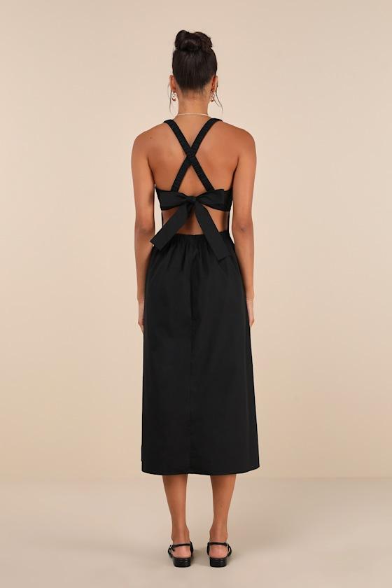 Strolling Sicily Black Pleated Backless Midi Dress With Pockets Product Image