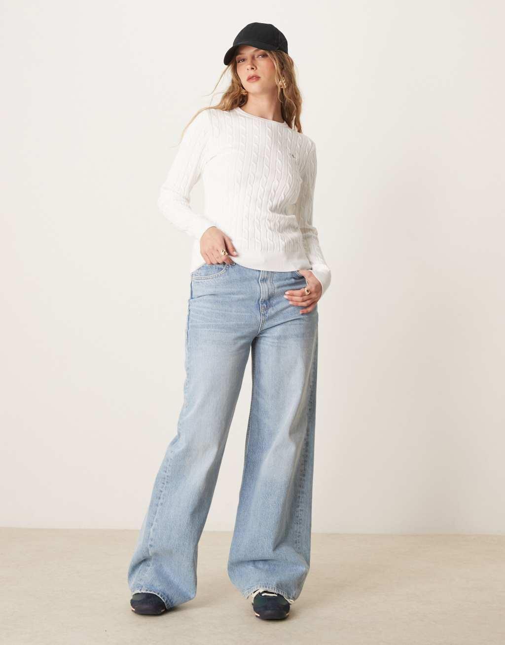 GANT cotton cable knit crew neck sweater with logo in white Product Image