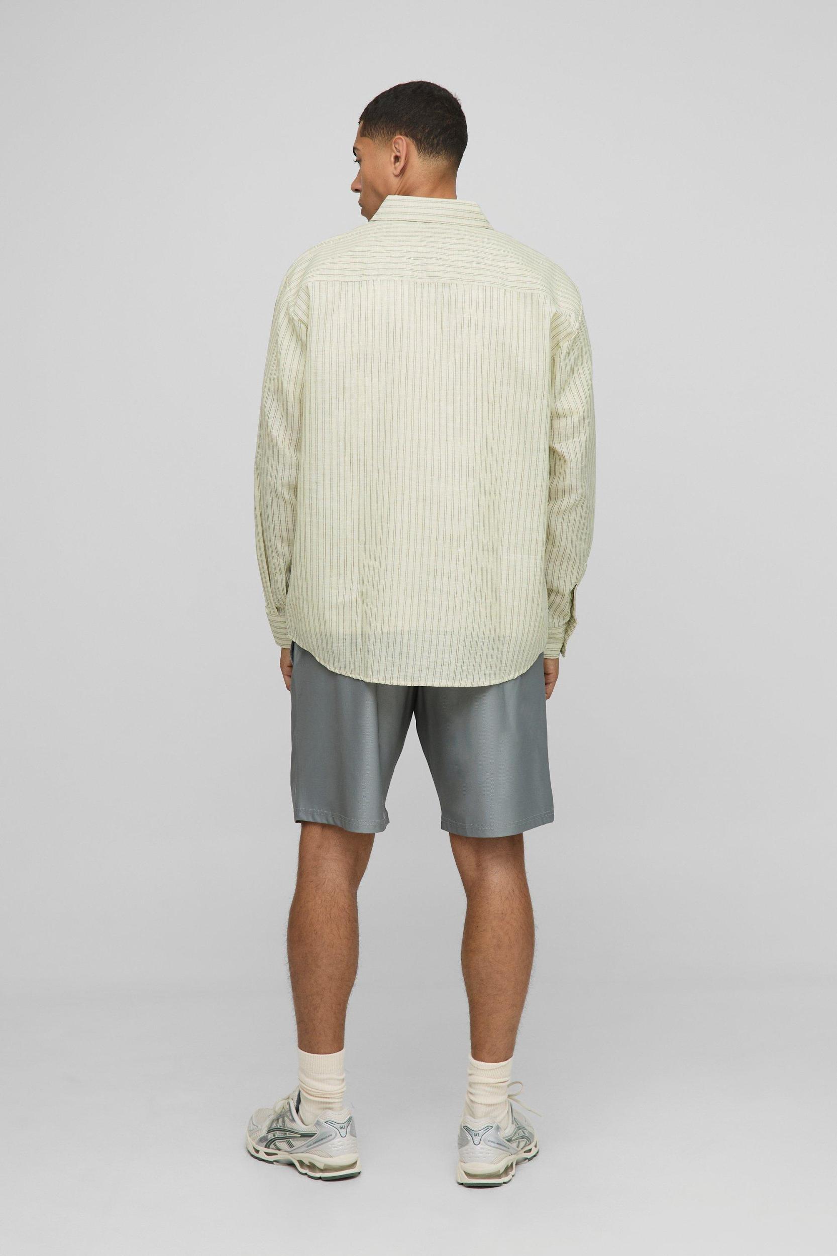 Super Oversized BoohooMan Linen Look Stripe Shirt | boohooMAN USA Product Image