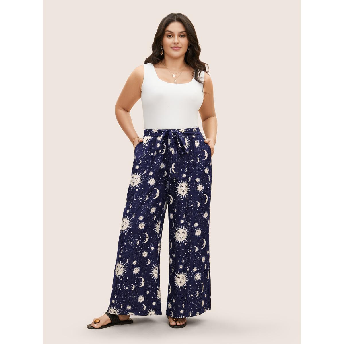 Plus Size Silhouette Floral Print Ties Side Seam Pocket Pants Women DarkBlue Elegant Wide Leg High Rise Everyday Pants BloomChic 18-20/2X Product Image