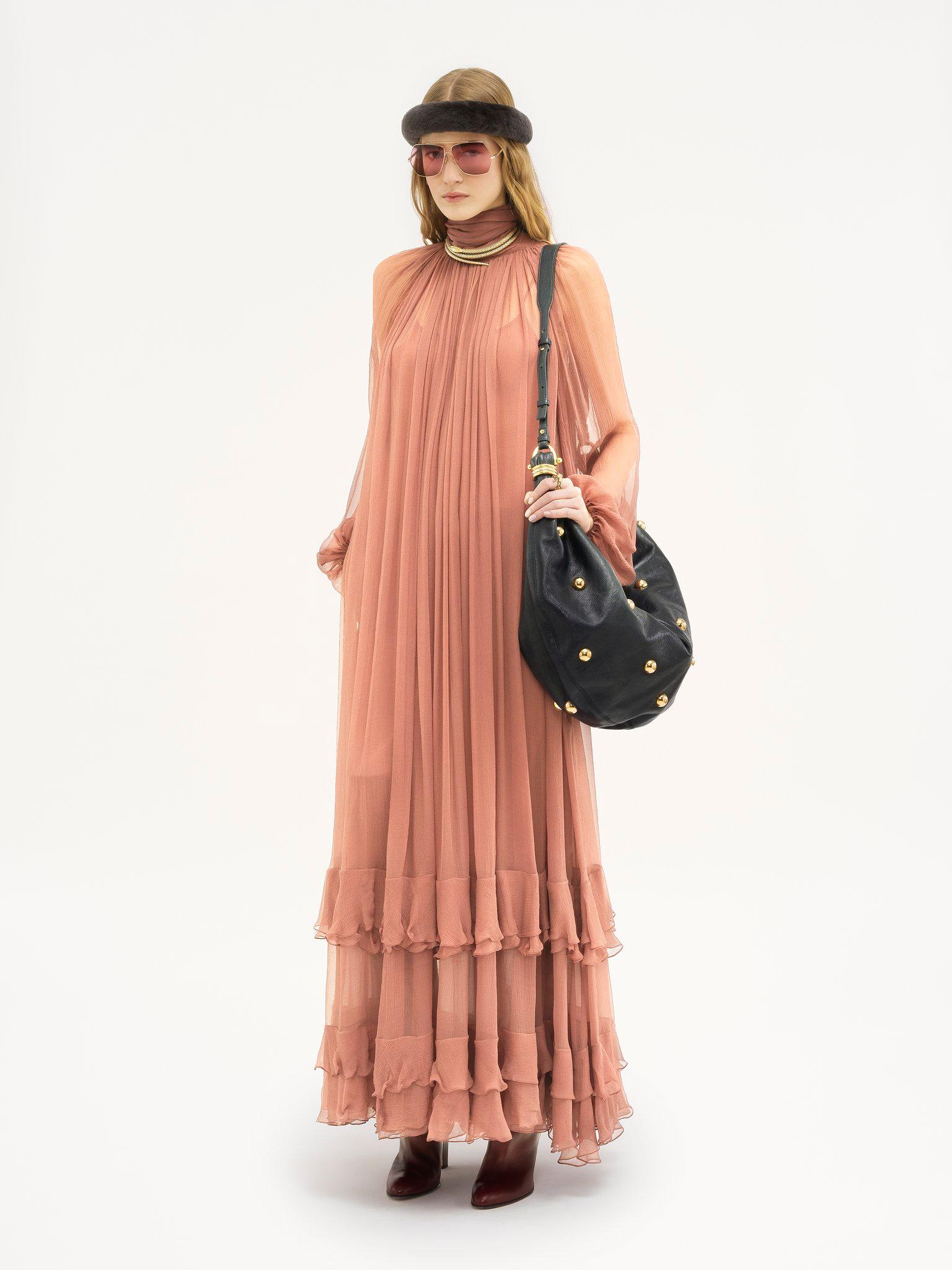 Gathered long dress in silk mousseline Product Image