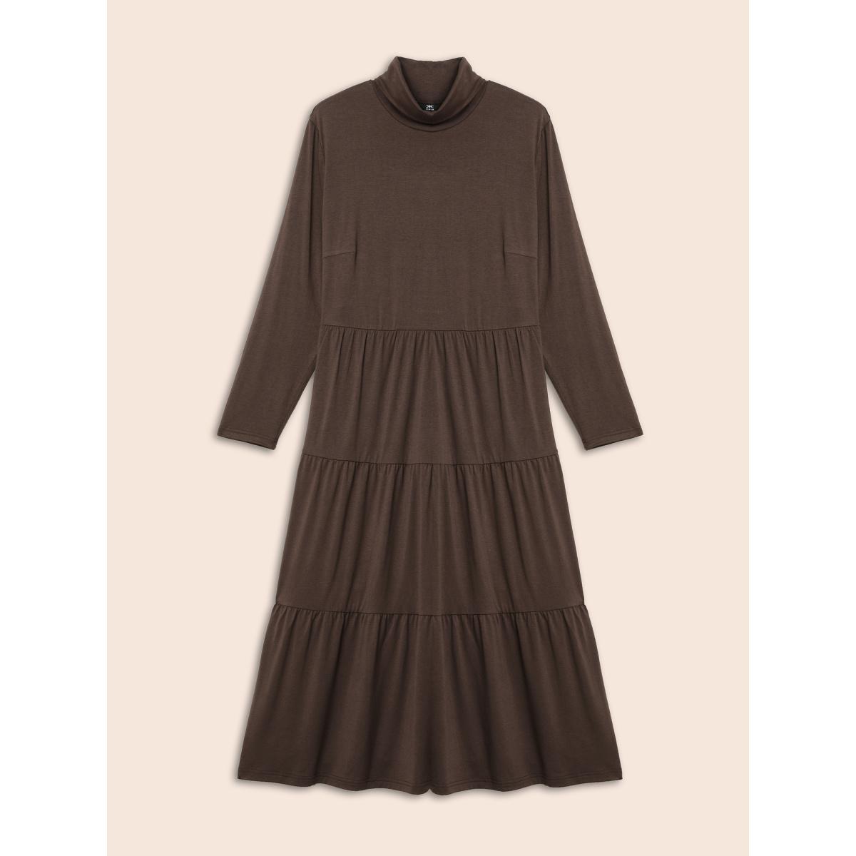Plus Size Supersoft Essentials Funnel Neck Tiered Midi Dress DarkBrown Women Casual Ruffles Mock Neck Long Sleeve Curvy BloomChic 28/5X Product Image