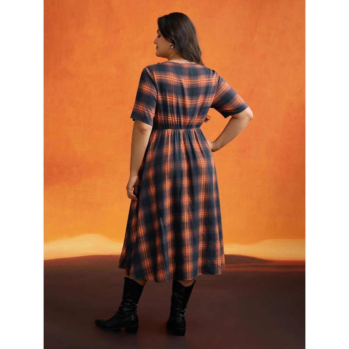 Plus Size Stretchy Plaid Contrast Splicing Midi Dress Brightorange Women Cocktail Non Party Curvy Bloomchic 18-20/2X Product Image