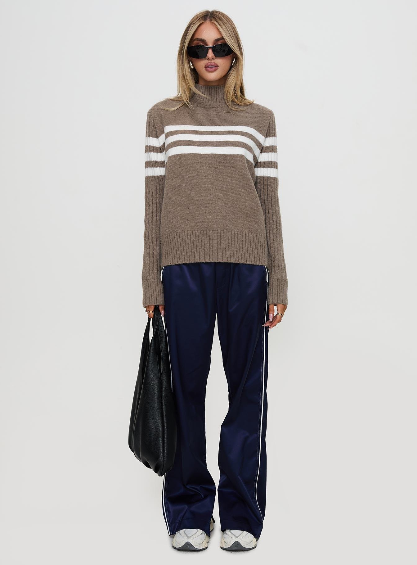 Bessemer Funnel Neck Knit Sweater Mocha Stripe Product Image