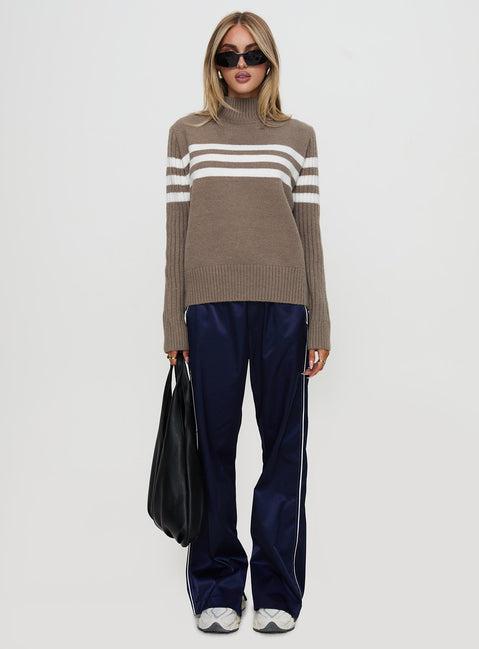 Bessemer Funnel Neck Knit Sweater Mocha Stripe Product Image