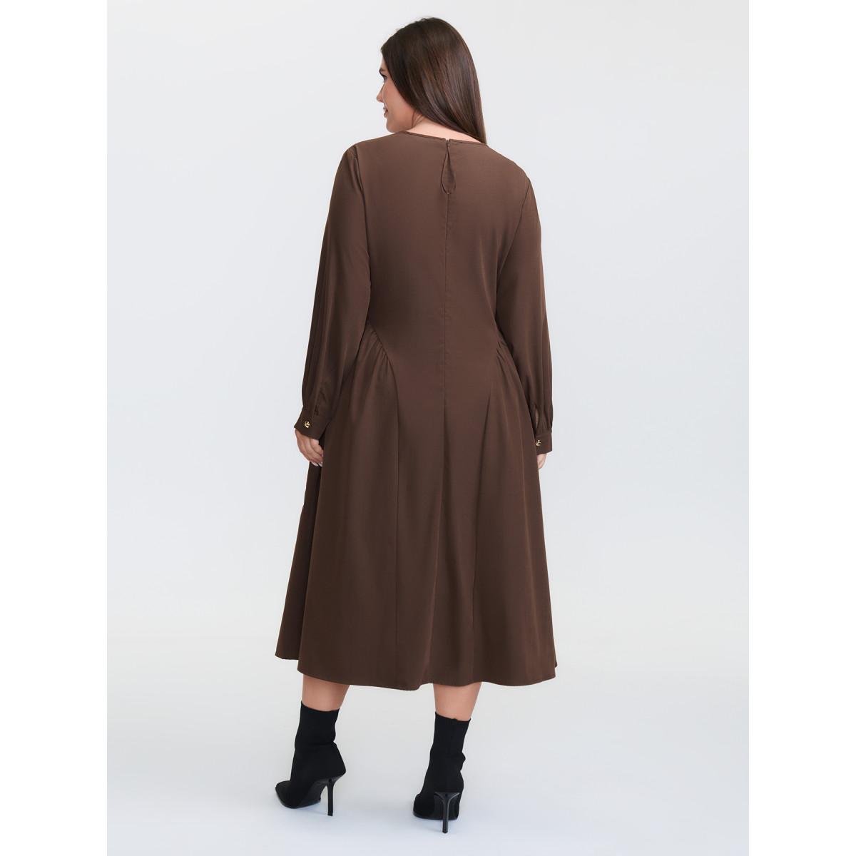 Plus Size Round Neck Cut Out Solid Midi Dress Browncoffeecolor Women Office Round Neck Extra Long Sleeve Curvy BloomChic 30/6X Product Image