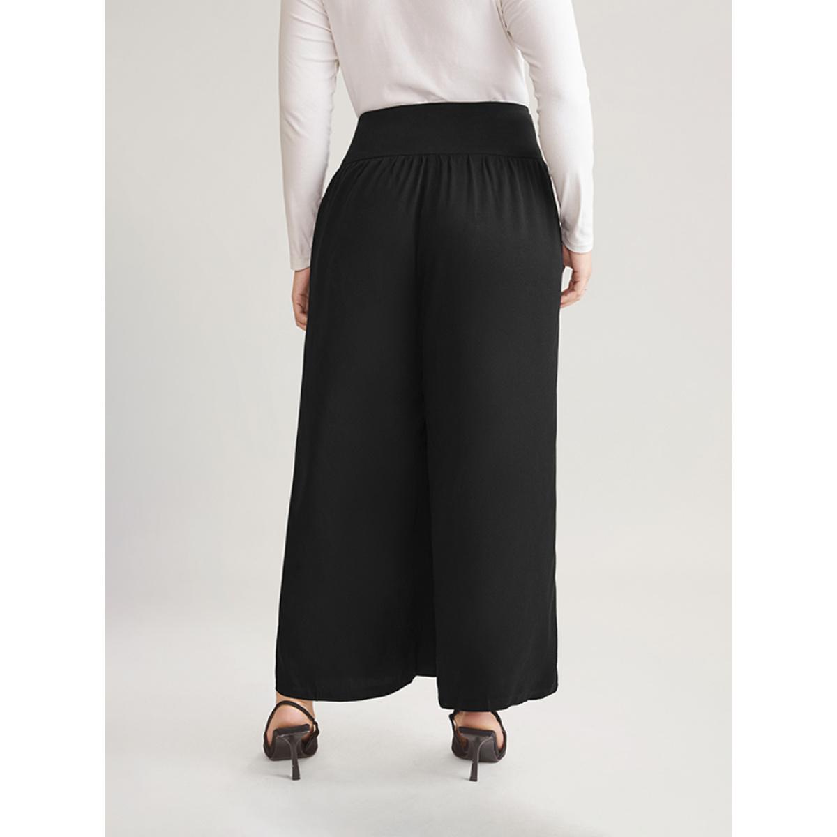 Plus Size Solid Elastic Waist Button Detail Wide Leg Pants Women Black Casual Wide Leg High Rise Dailywear Pants BloomChic 12/L Product Image