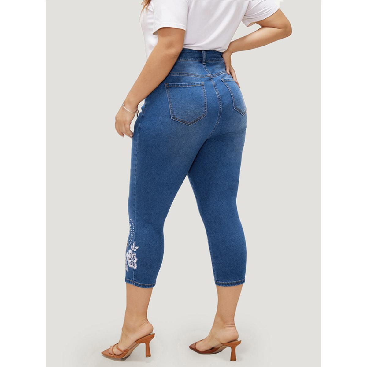 Plus Size Very Stretchy High Rise Medium Wash Embroidered Cropped Jeans Women LightBlue Casual Plain Embroidered High stretch Pocket Jeans BloomChic 14/1X Product Image