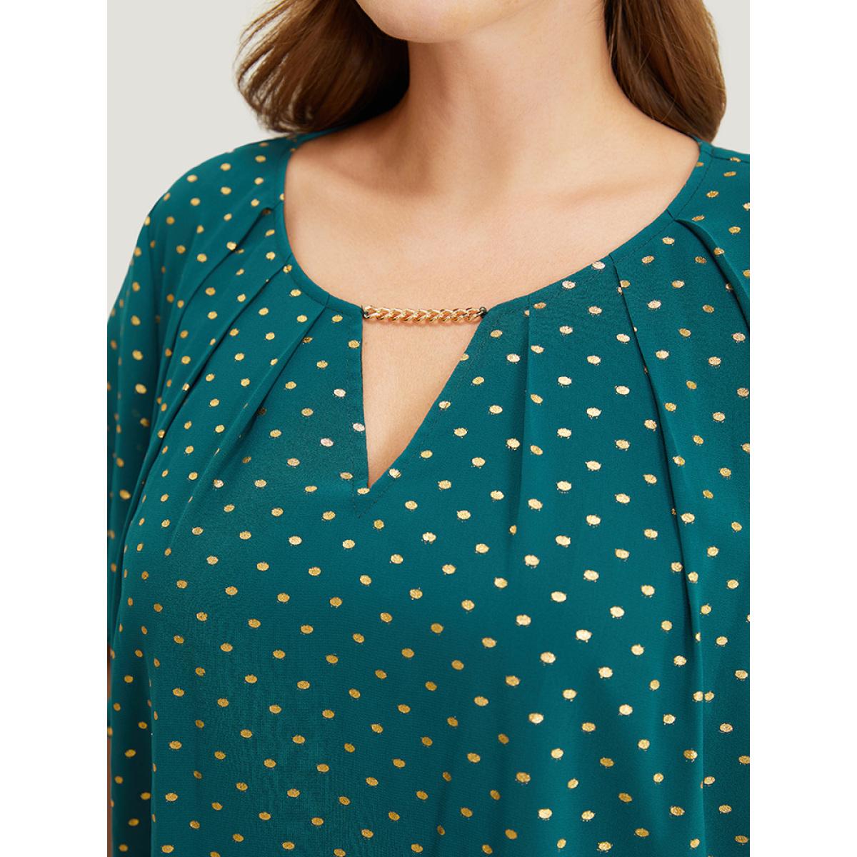 Plus Size DarkGreen Polka Dot Glitter Tiered Sleeve Pleated Keyhole Chain Neck Blouse Women Party Short sleeve Round Neck Going out Blouses BloomChic 30/6X Product Image