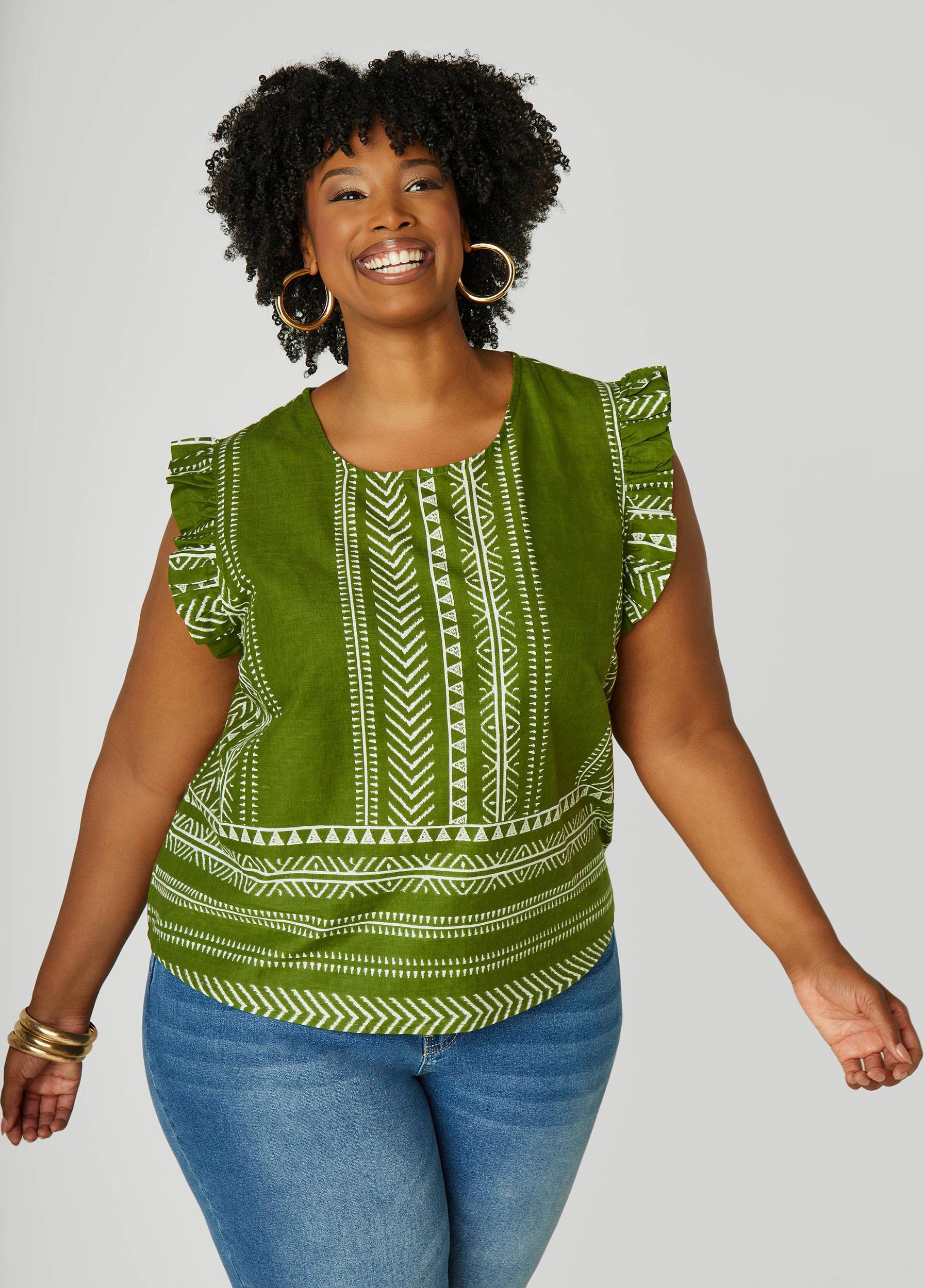 Plus Size Ruffle Trimmed Printed Cotton Top Ashley Stewart Product Image