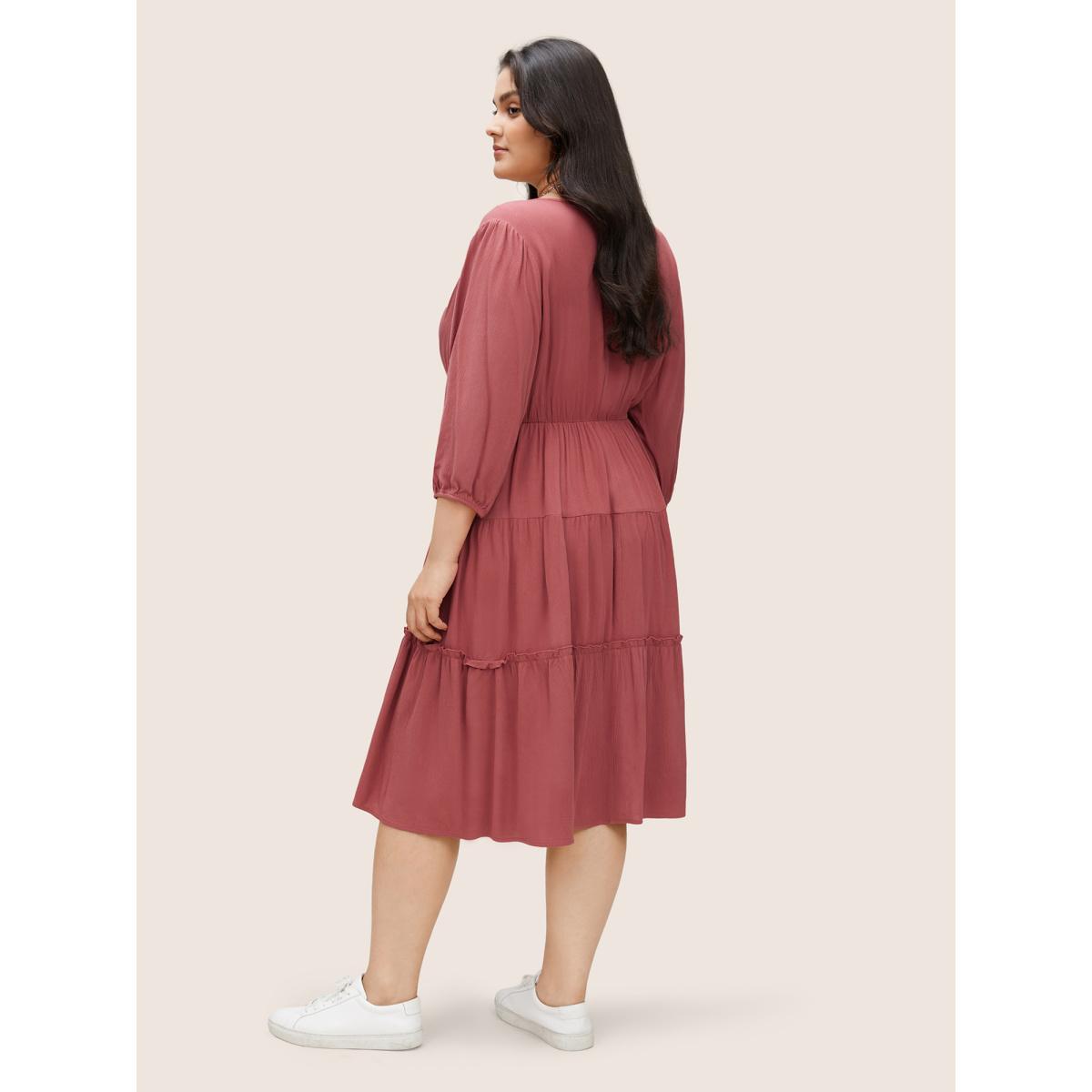 Plus Size Solid Frill Trim Crinkled Ruffle Layered Hem Dress Russet Women Casual Non V-neck Elbow-length sleeve Curvy Midi Dress BloomChic 10/M Product Image