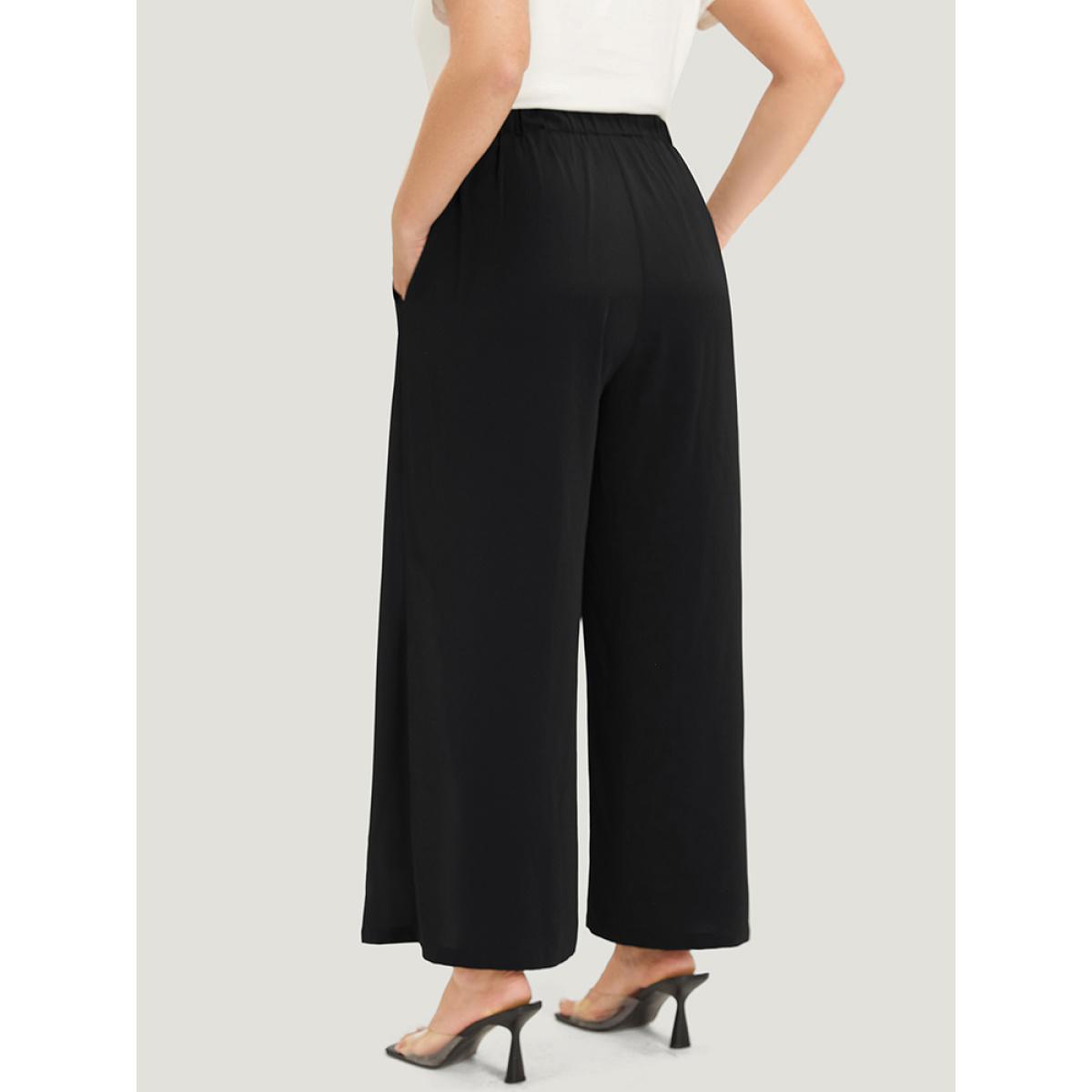 Plus Size Solid Button Detail Pocket Wrap Hem Pants Women Black Elegant Straight Leg High Rise Dailywear Pants BloomChic 26/4X Product Image