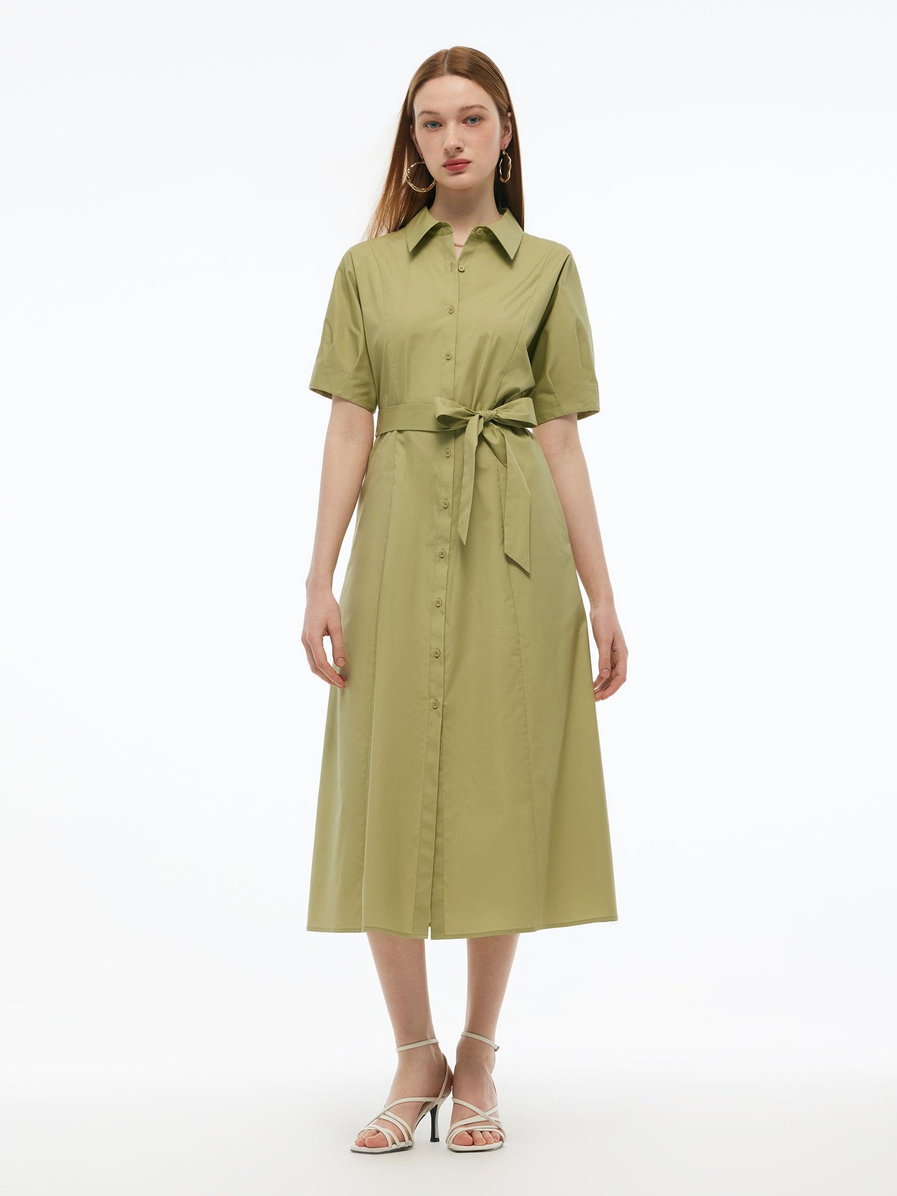 Gathered Waist Stretch Women Maxi Shirt Dress With Belt Product Image