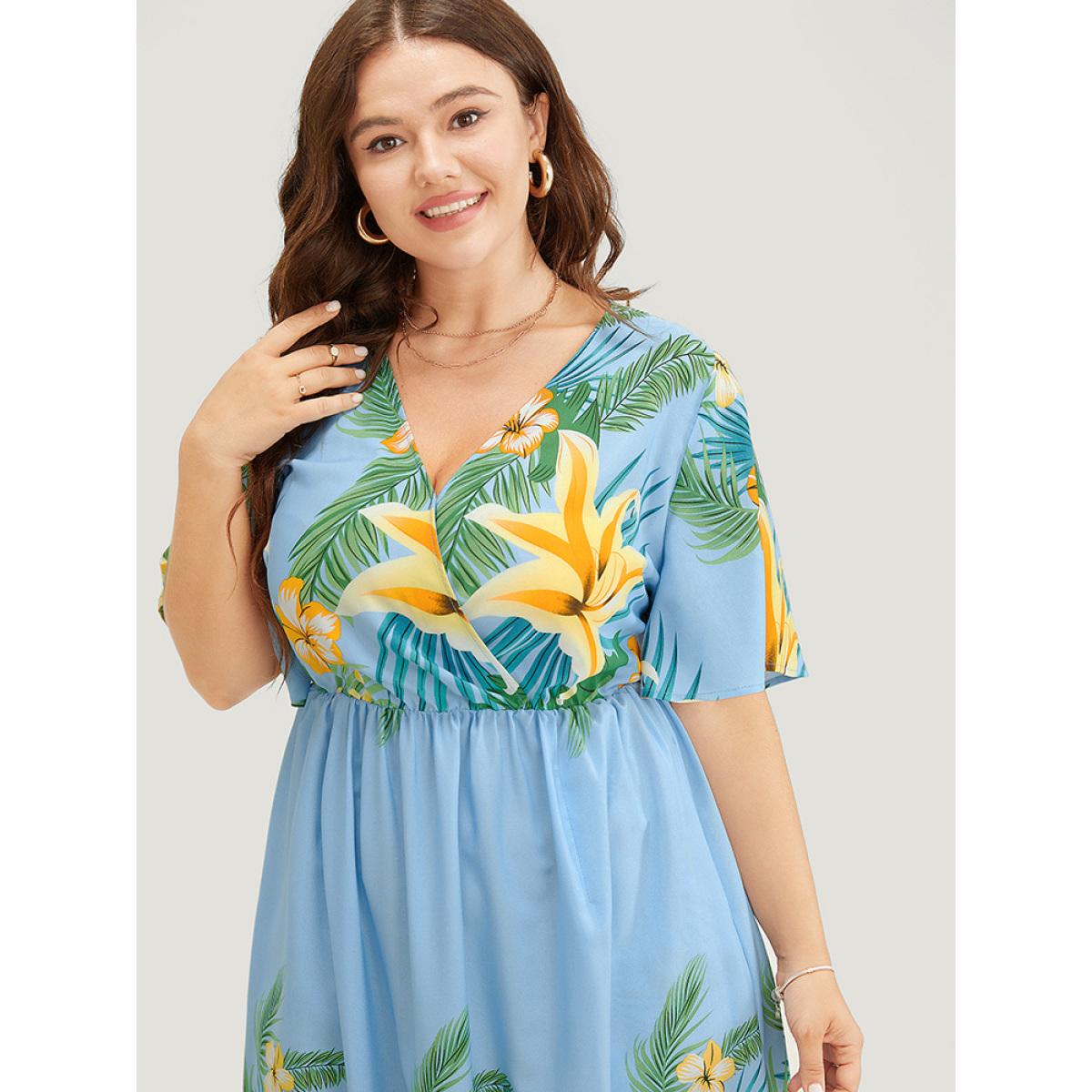 Plus Size Tropical Print Ruffle Sleeve Wrap Pocket Midi Dress LightBlue Women Elegant Elastic Waist V-neck Short sleeve Curvy Midi Dress BloomChic 14-16/1X Product Image
