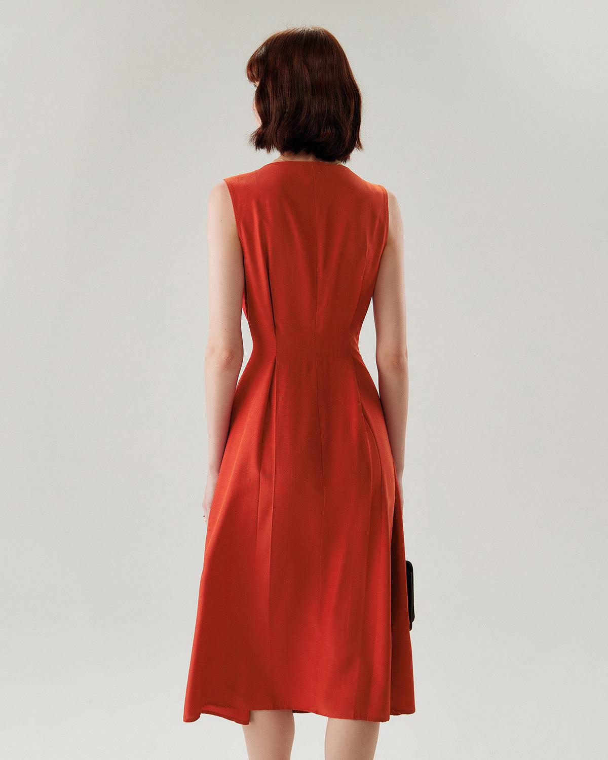 Red V-neck Button Sleeveless Midi Dress Product Image