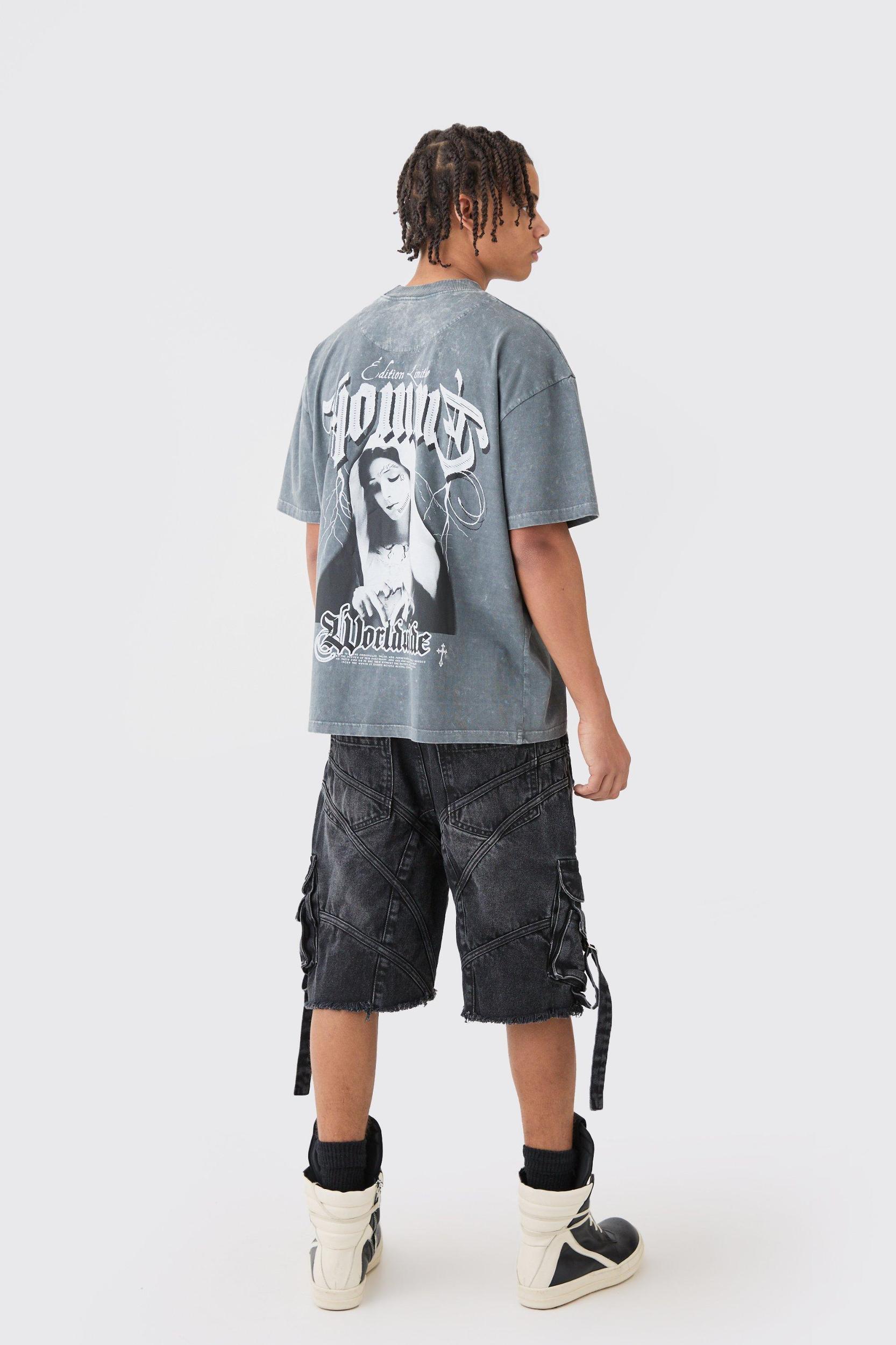 Oversized Strap And Buckle Detail Denim Jorts | boohooMAN USA Product Image