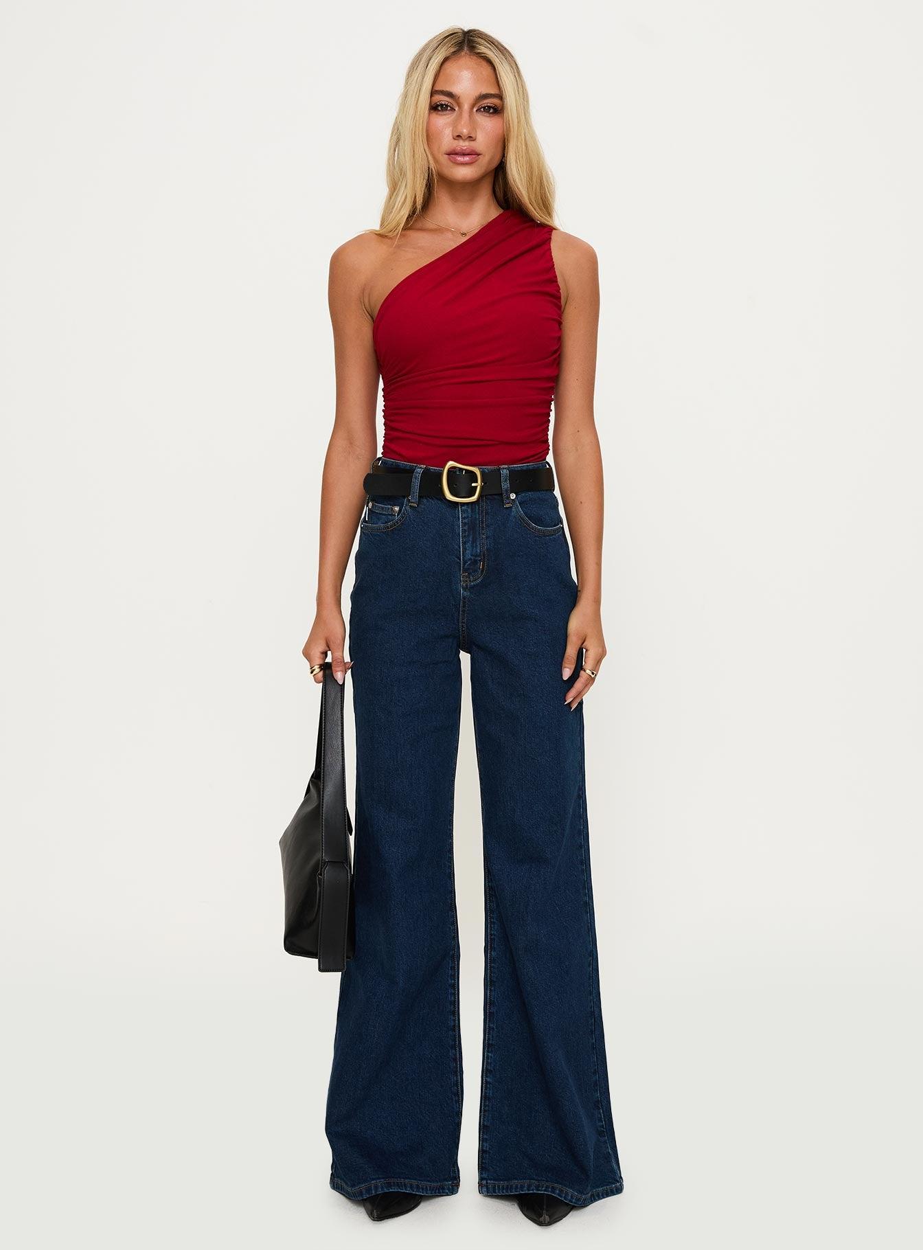 Heston Asymmetrical Ruched Bodysuit Red Product Image