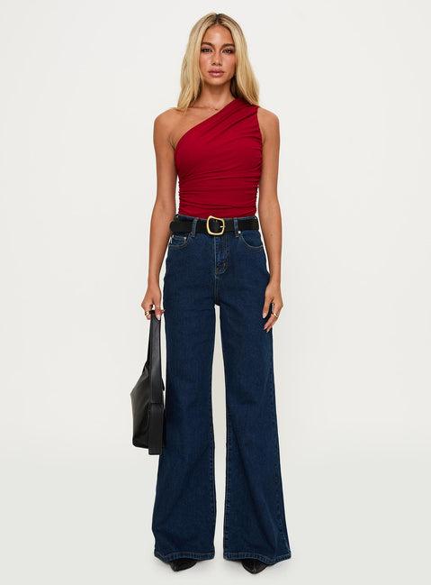 Heston Asymmetrical Ruched Bodysuit Red Product Image