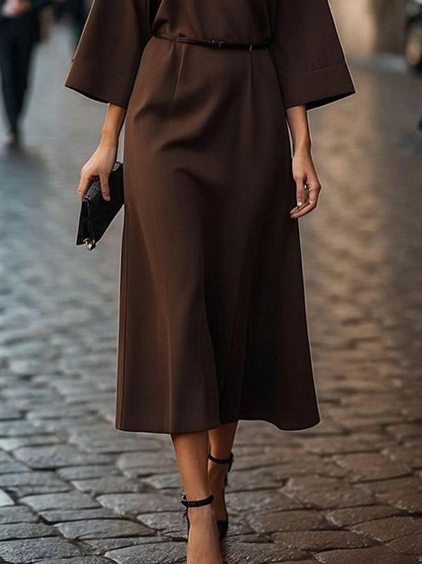 Loose Three-Quarter Sleeves Pleated Solid Color Split-Joint Round-Neck Midi Dresses Product Image