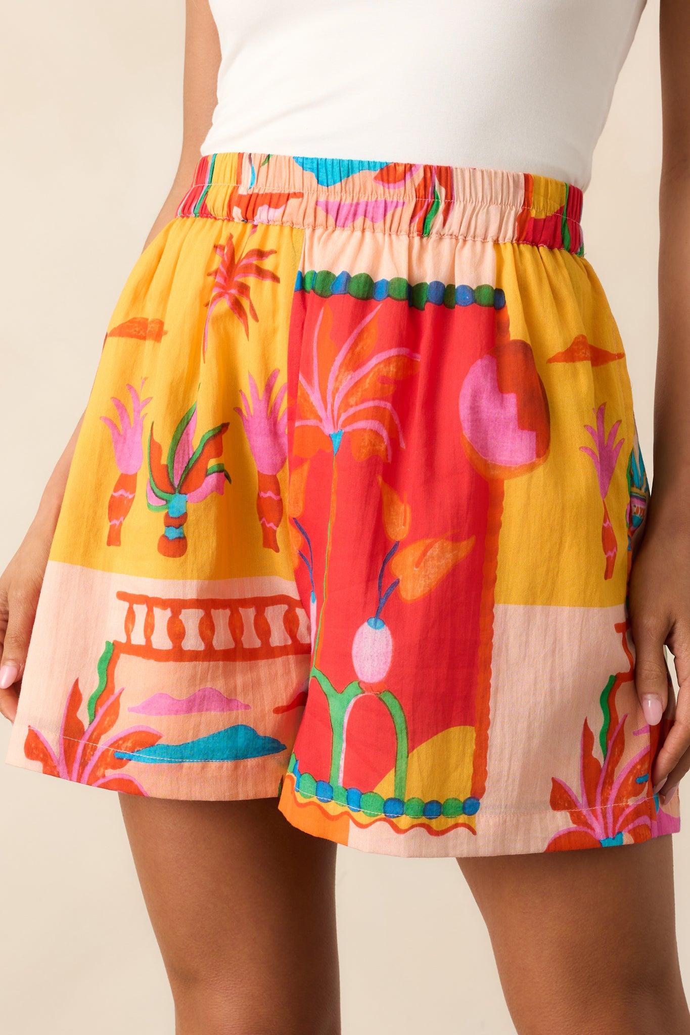 Coastal Glow Orange Tropical Print Cotton Shorts Product Image