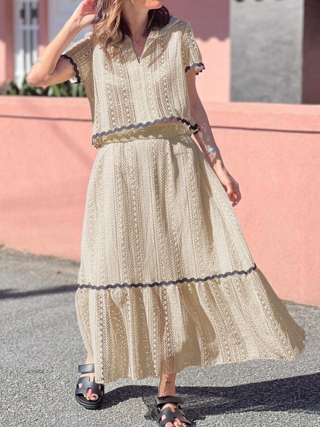 Contrast Trim Openwork Short Sleeve Top and Skirt Set Product Image