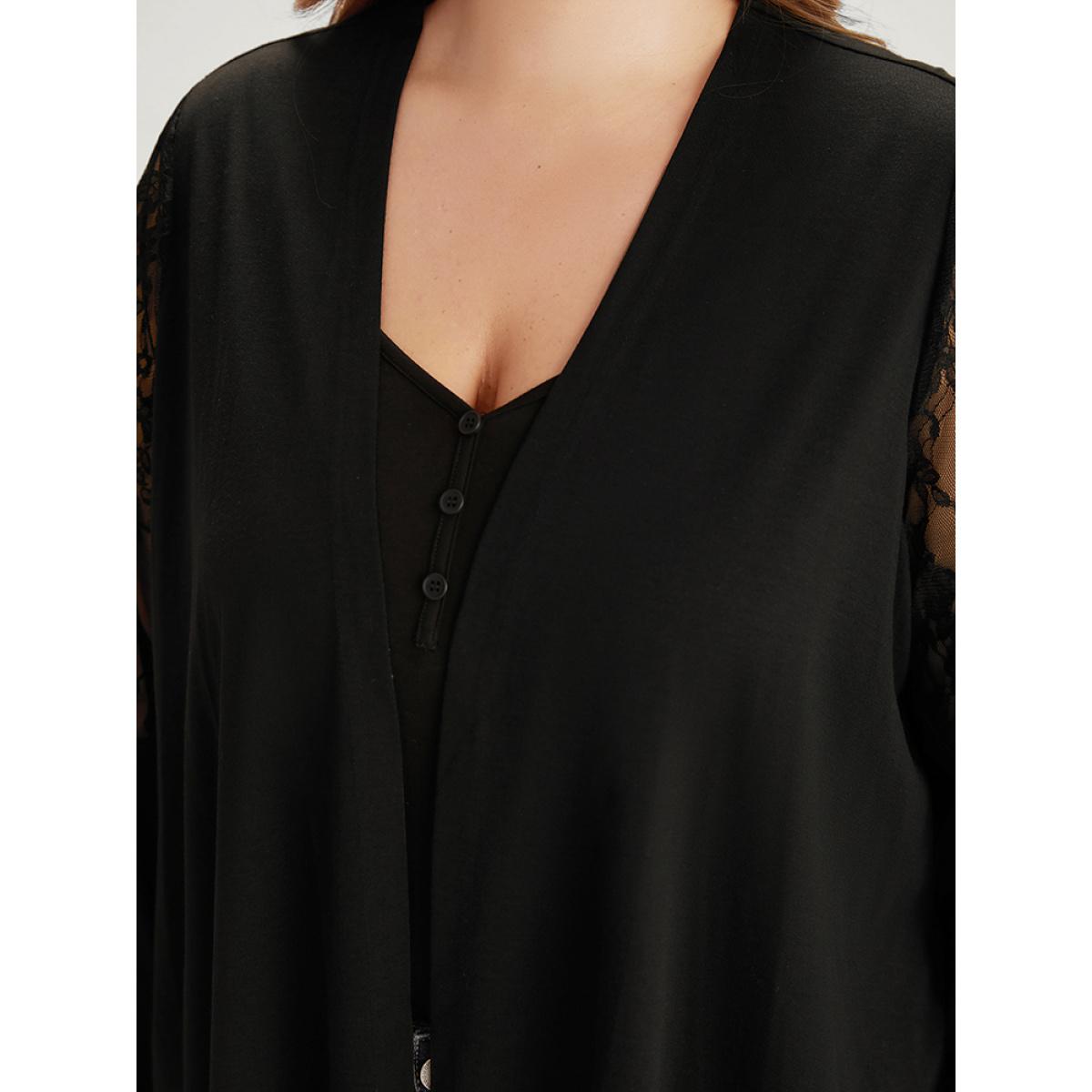 Plus Size Supersoft Essentials Solid Crochet Lace Mesh Drape Open Front Coat Women Black Casual Drape Ladies Dailywear Winter Coats BloomChic 18-20/2X Product Image