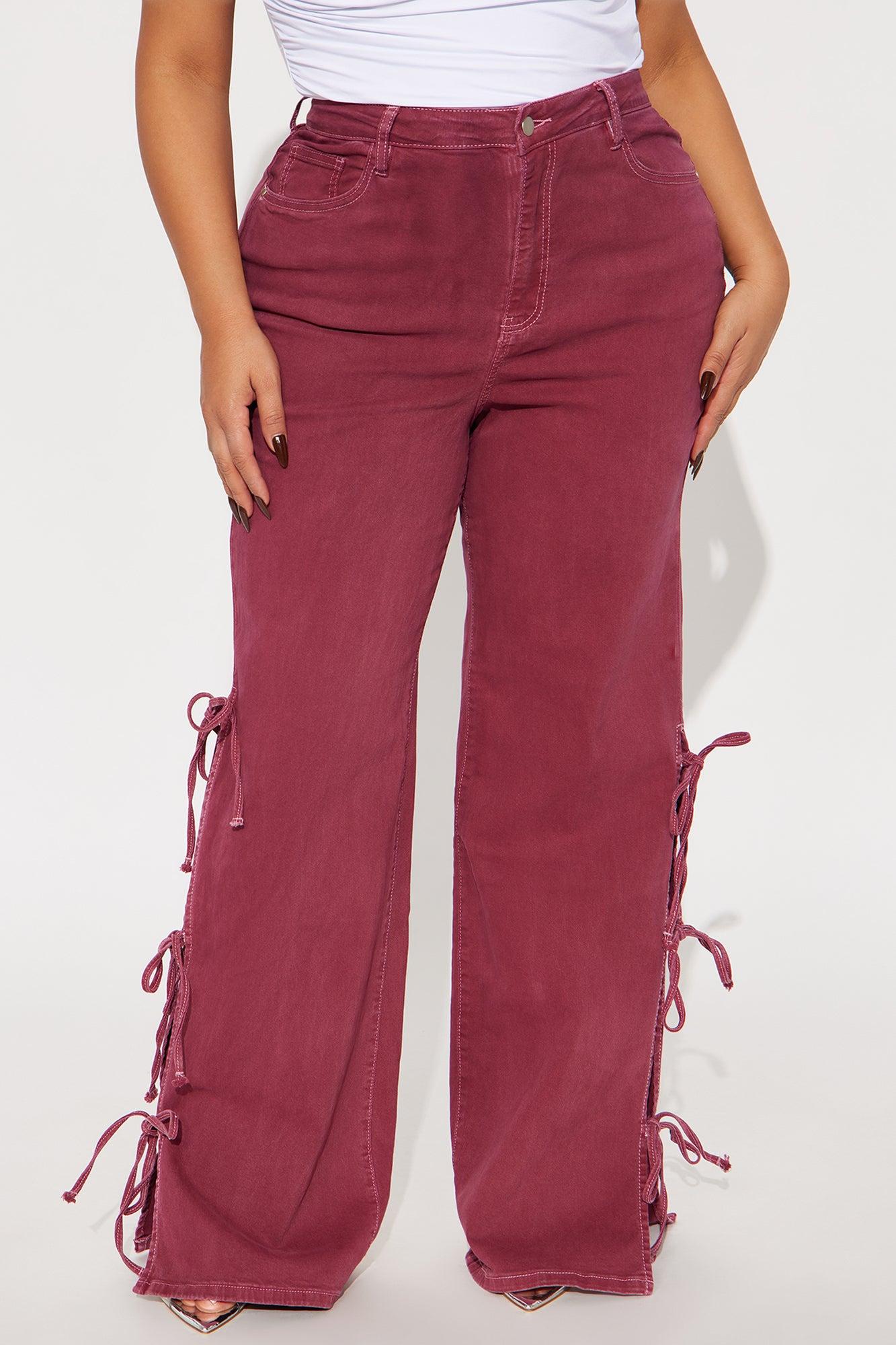 Fine Like Wine Side Tie Wide Leg Jeans - Burgundy Product Image