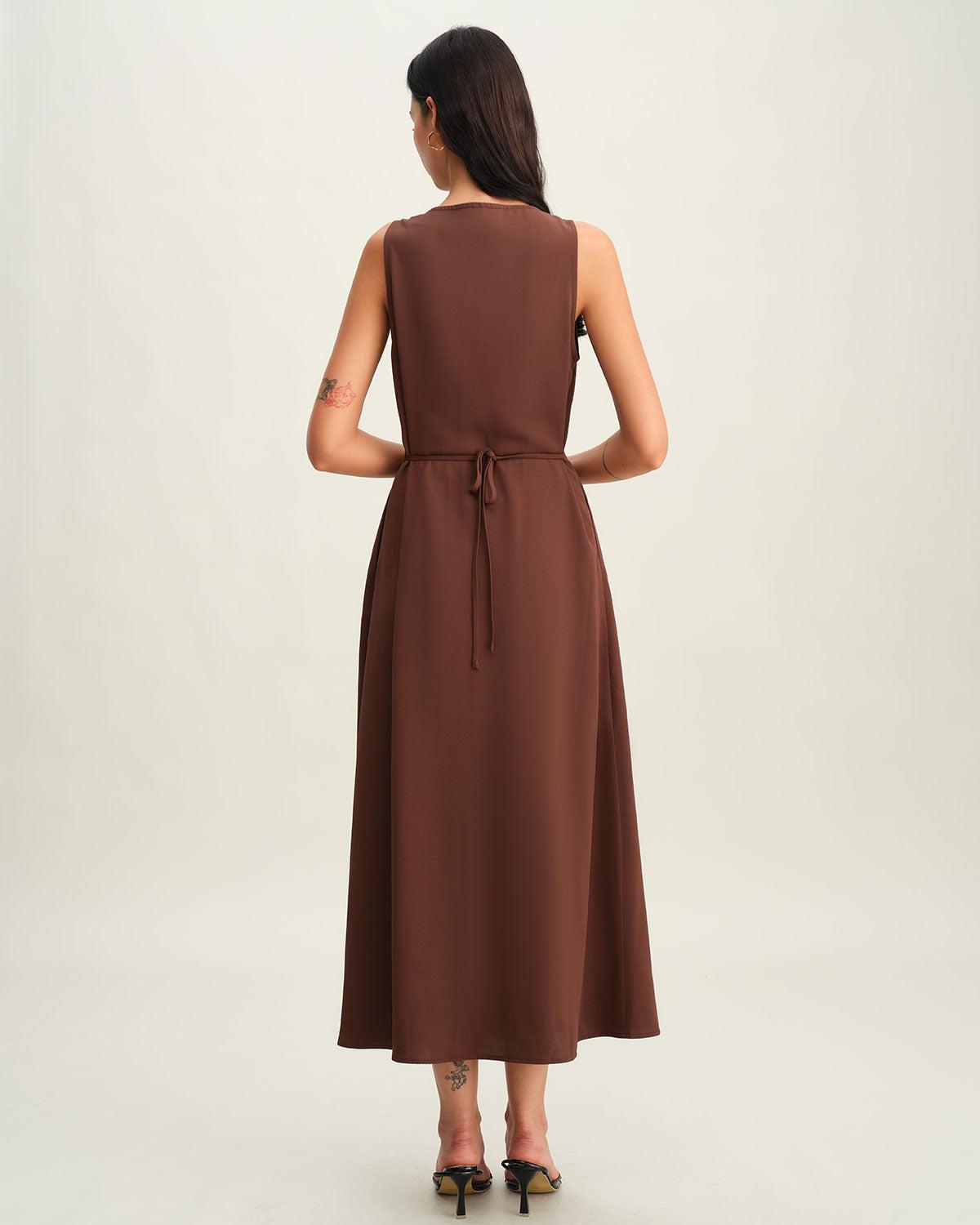Brown Round Neck Button Sleeveless Maxi Dress Product Image