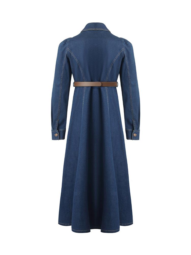 Single-Breasted Lapel Women Midi Denim Dress With Belt Product Image