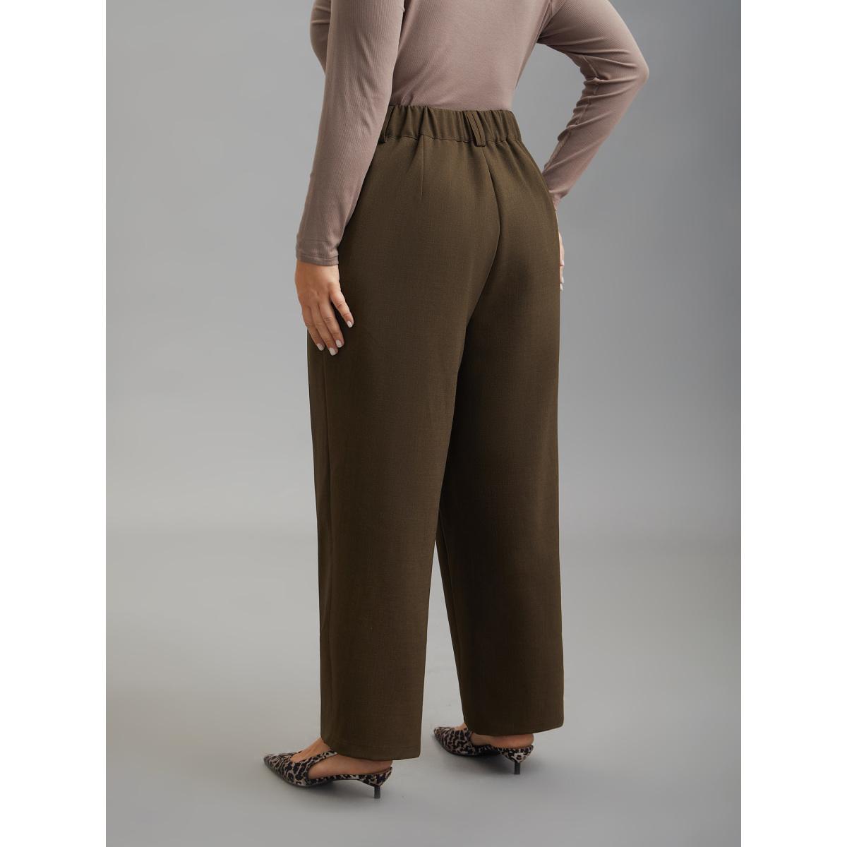 Plus Size Stretchy-Waist Decorative Pockets Straight-Leg Pants Women DarkBrown At the Office Straight Leg Mid Rise Work Pants BloomChic 26/4X Product Image