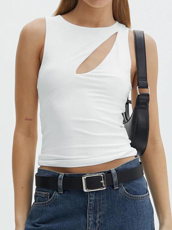 Plain Asymmetry Cutout Crewneck Tank Top Product Image