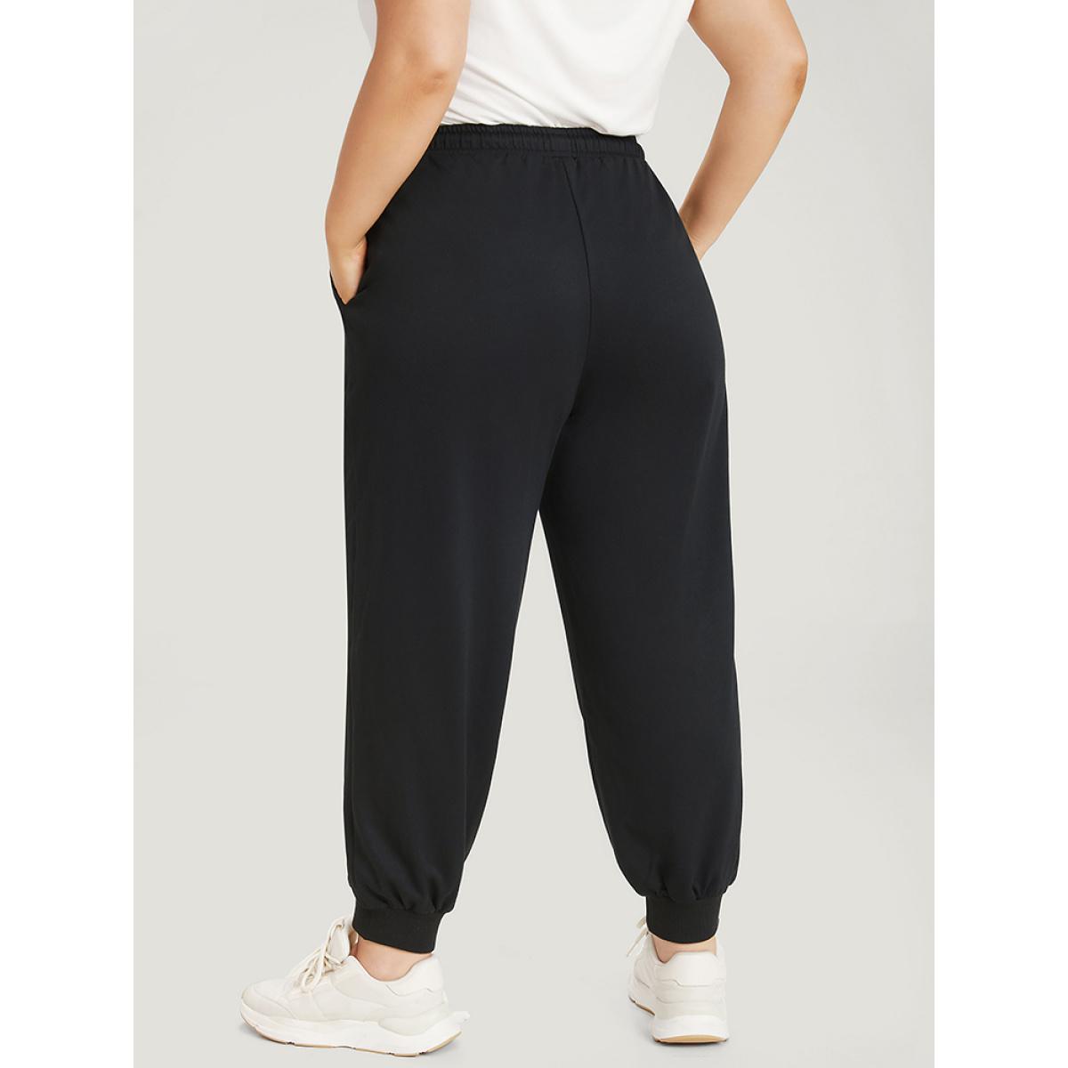 Plain Drawstring Patched Detail Pocket Sweatpants Black Plus Size Women Casual Dailywear Printed 12/L Bloomchic Product Image